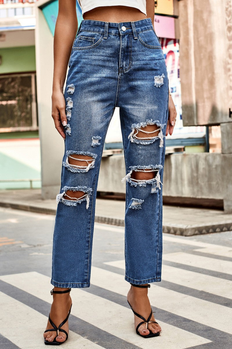 WOMEN CUT OUT RIPPED CASUAL WASHED JEANS