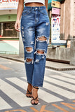 WOMEN CUT OUT RIPPED CASUAL WASHED JEANS