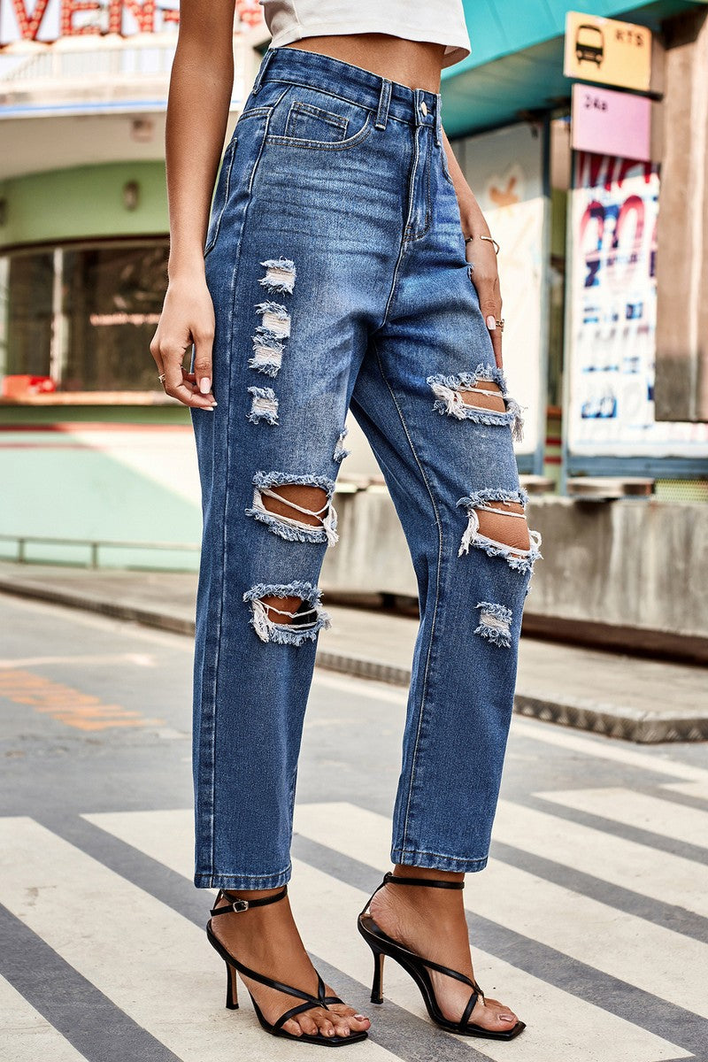 WOMEN CUT OUT RIPPED CASUAL WASHED JEANS