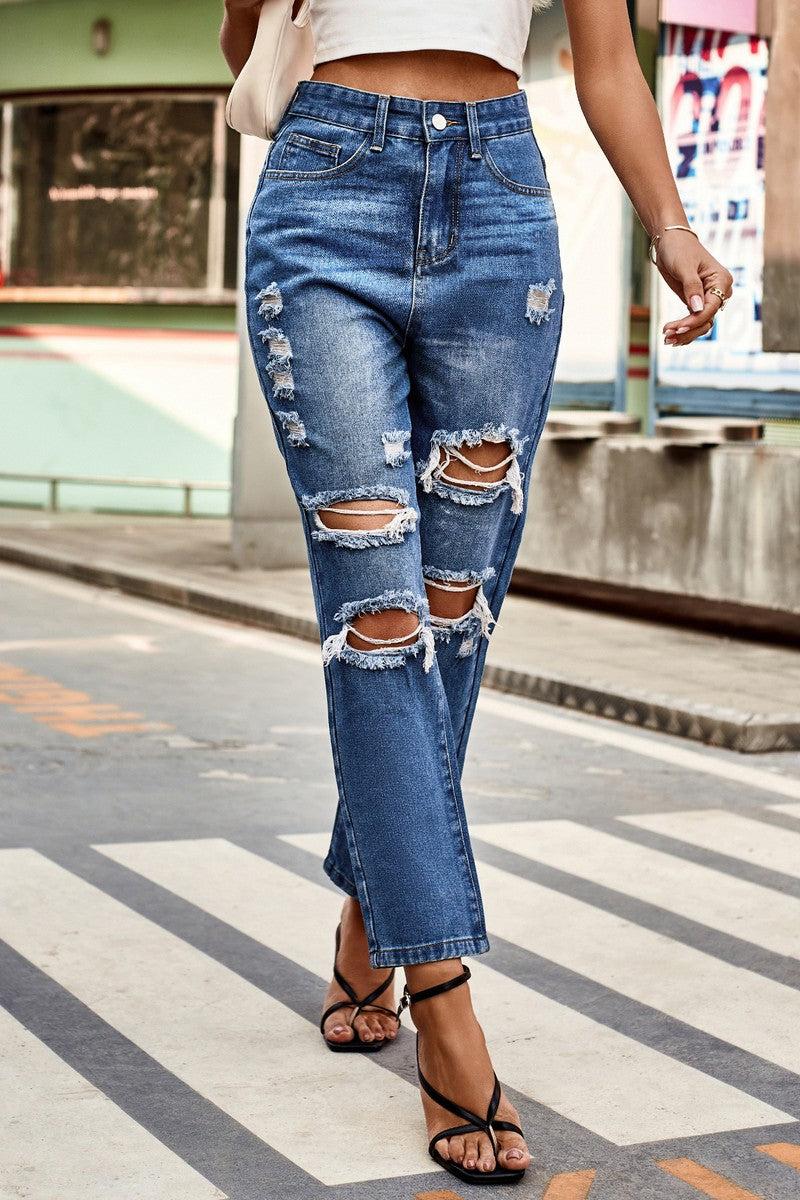 WOMEN CUT OUT RIPPED CASUAL WASHED JEANS