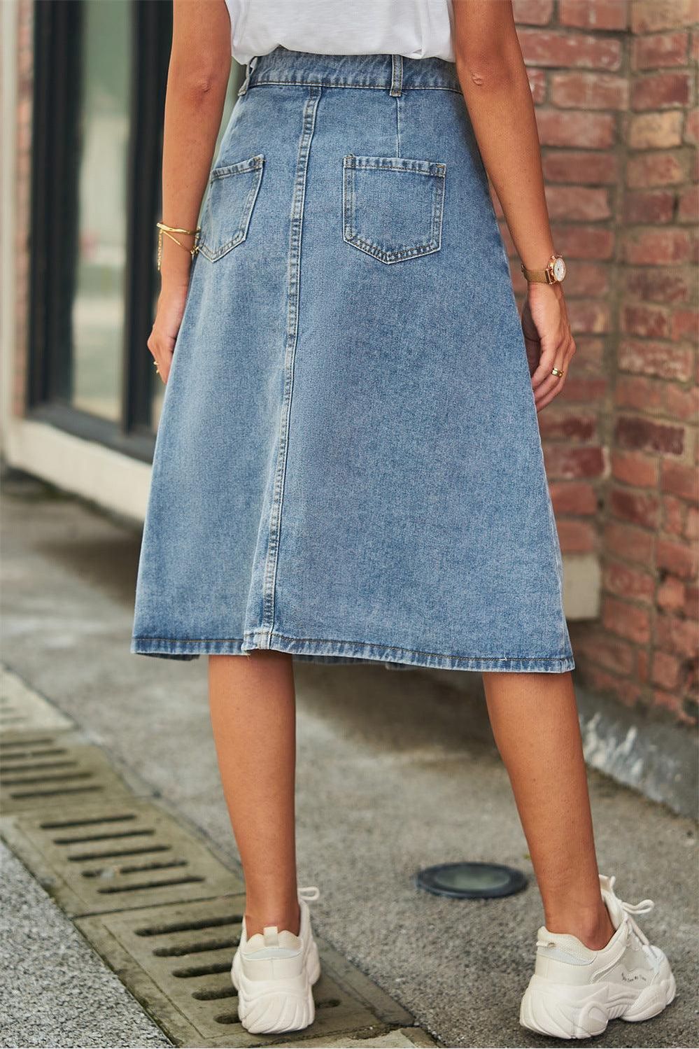 FRONT BUTTON CLOSURE DENIM SKIRT - Doublju