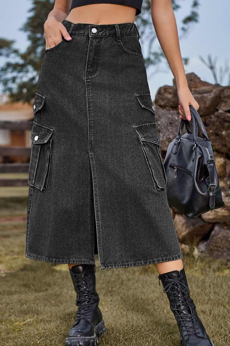 WOMEN FRONT SPLIT LONG LENGTH DENIM SKIRT