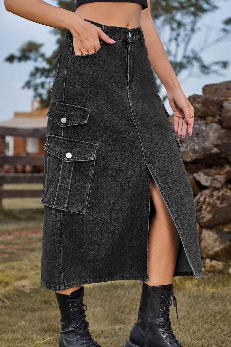 WOMEN FRONT SPLIT LONG LENGTH DENIM SKIRT