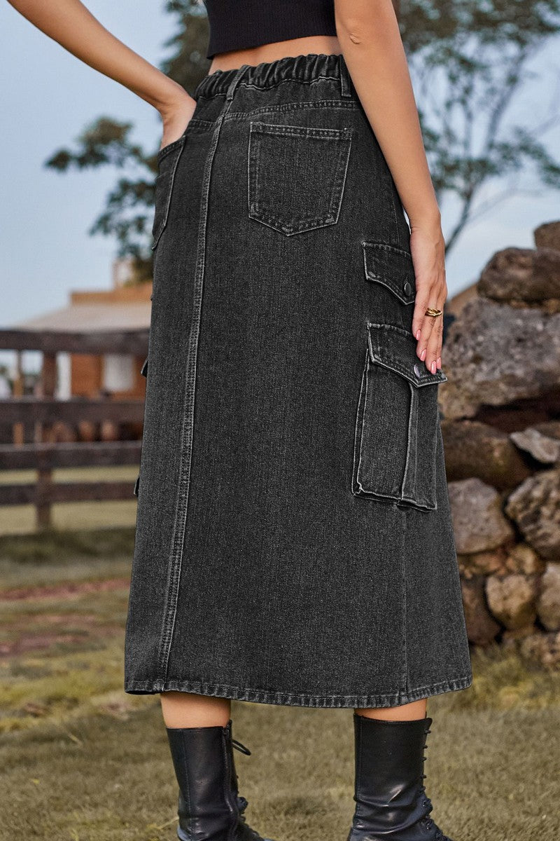 WOMEN FRONT SPLIT LONG LENGTH DENIM SKIRT