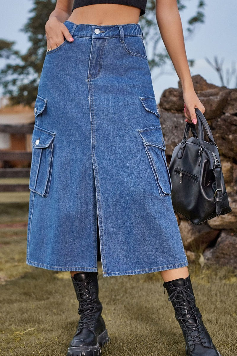 WOMEN FRONT SPLIT LONG LENGTH DENIM SKIRT