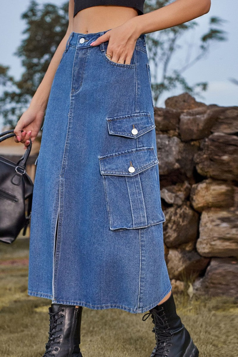 WOMEN FRONT SPLIT LONG LENGTH DENIM SKIRT