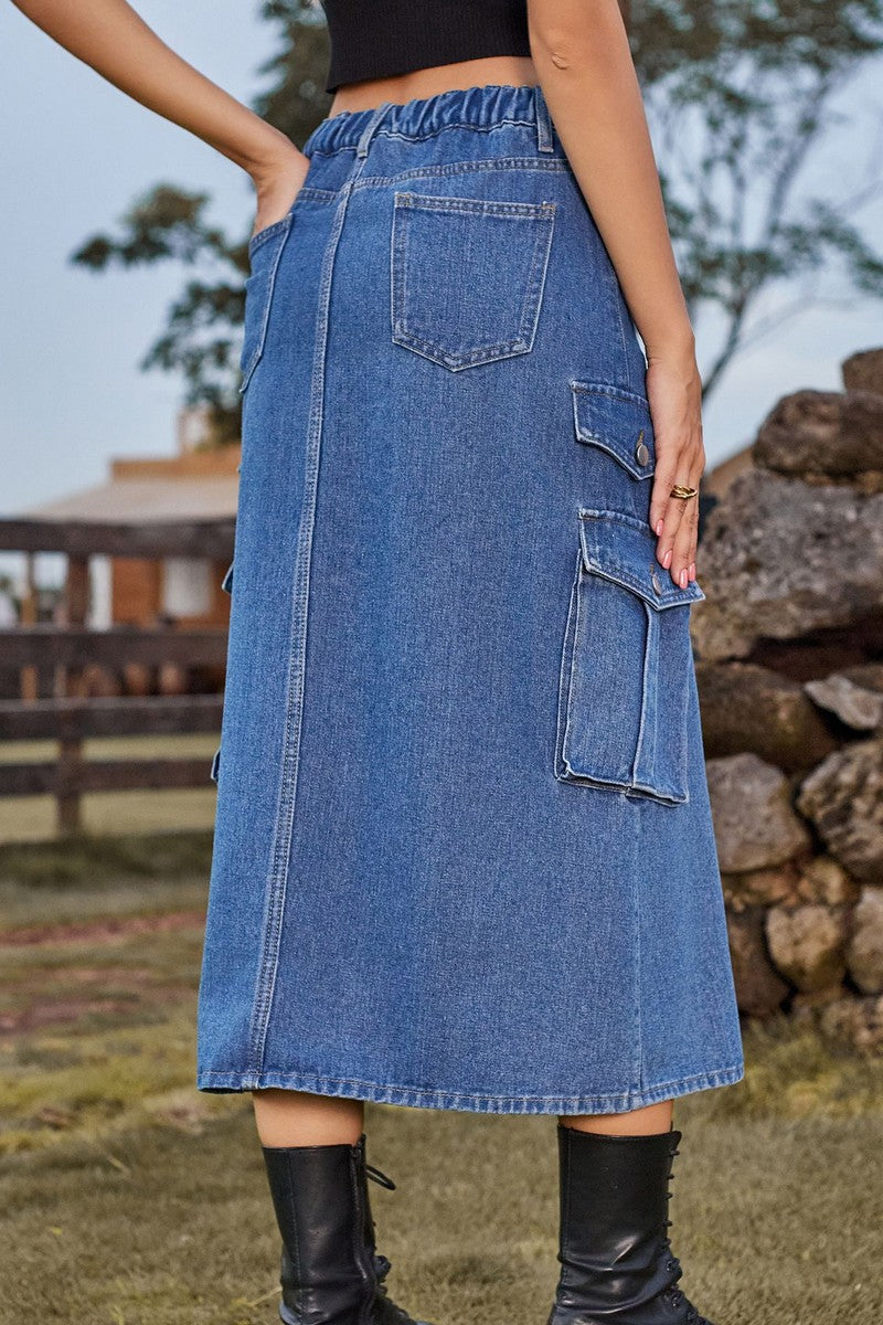 WOMEN FRONT SPLIT LONG LENGTH DENIM SKIRT