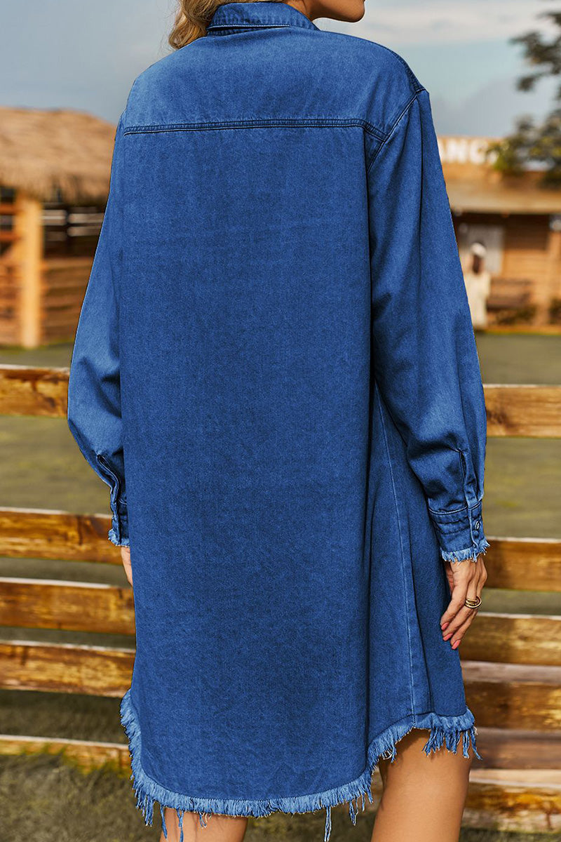 WOMEN OVERSIZED KNEE LENGTH DENIM DRESS SHIRT