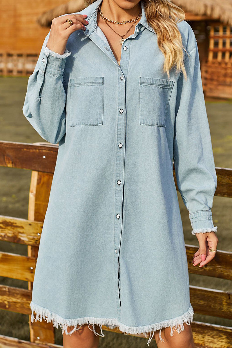 WOMEN OVERSIZED KNEE LENGTH DENIM DRESS SHIRT