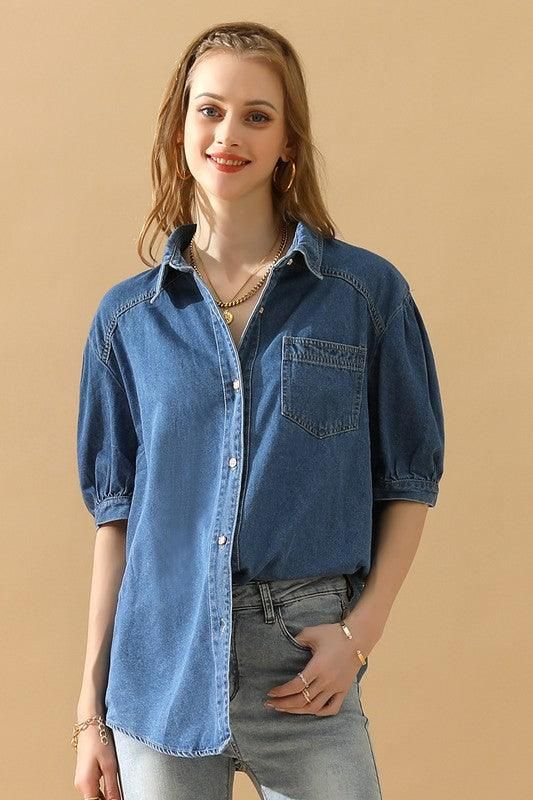 SHORT PUFF SLEEVE BUTTON DOWN DENIM SHIRTS - Doublju