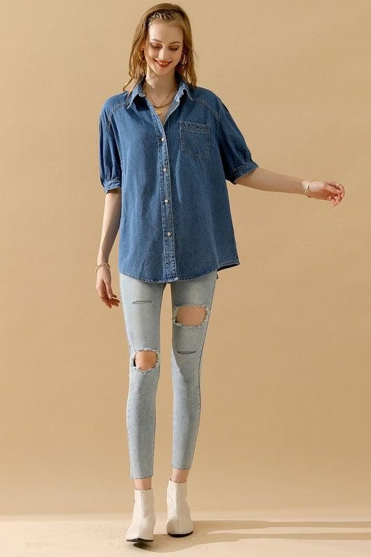 SHORT PUFF SLEEVE BUTTON DOWN DENIM SHIRTS - Doublju