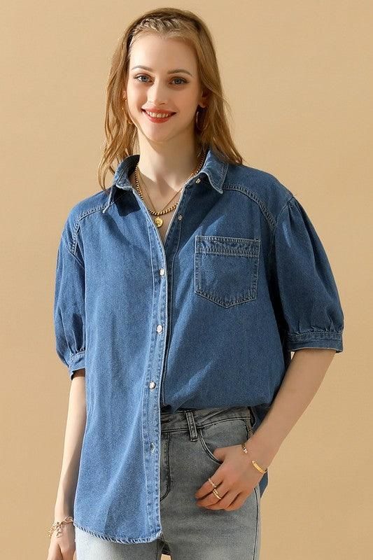 SHORT PUFF SLEEVE BUTTON DOWN DENIM SHIRTS - Doublju