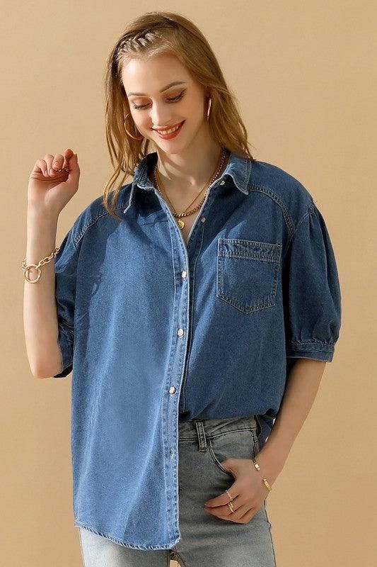 SHORT PUFF SLEEVE BUTTON DOWN DENIM SHIRTS - Doublju