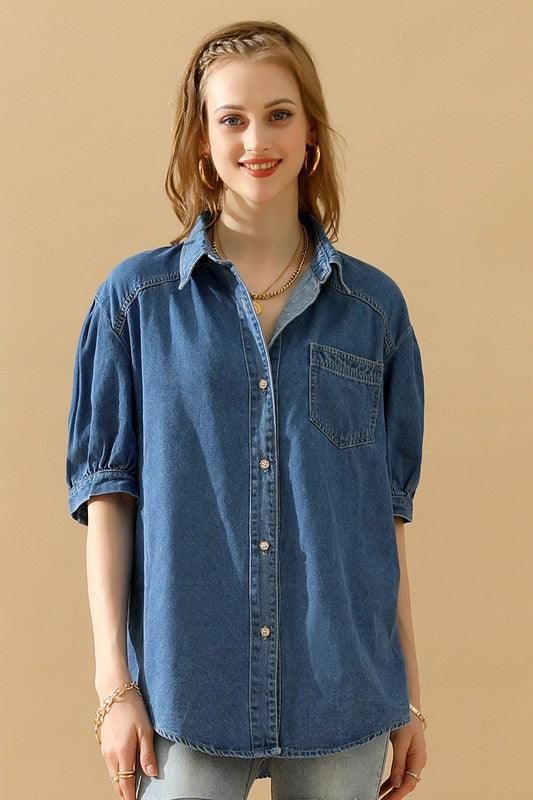 SHORT PUFF SLEEVE BUTTON DOWN DENIM SHIRTS - Doublju