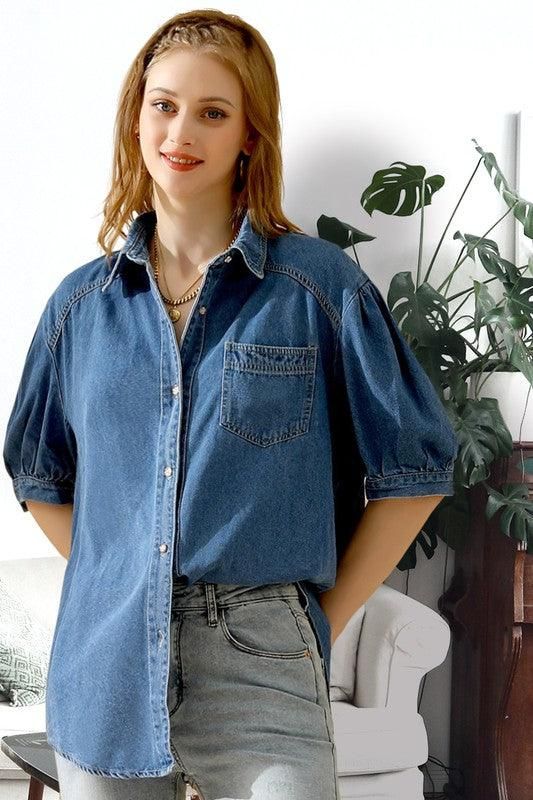 SHORT PUFF SLEEVE BUTTON DOWN DENIM SHIRTS - Doublju