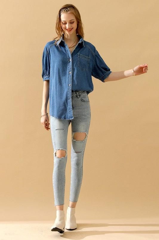 SHORT PUFF SLEEVE BUTTON DOWN DENIM SHIRTS - Doublju