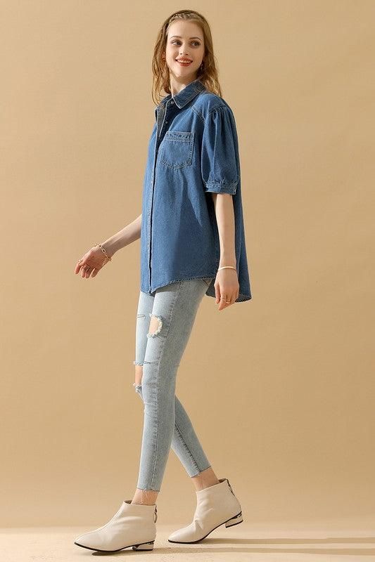 SHORT PUFF SLEEVE BUTTON DOWN DENIM SHIRTS - Doublju