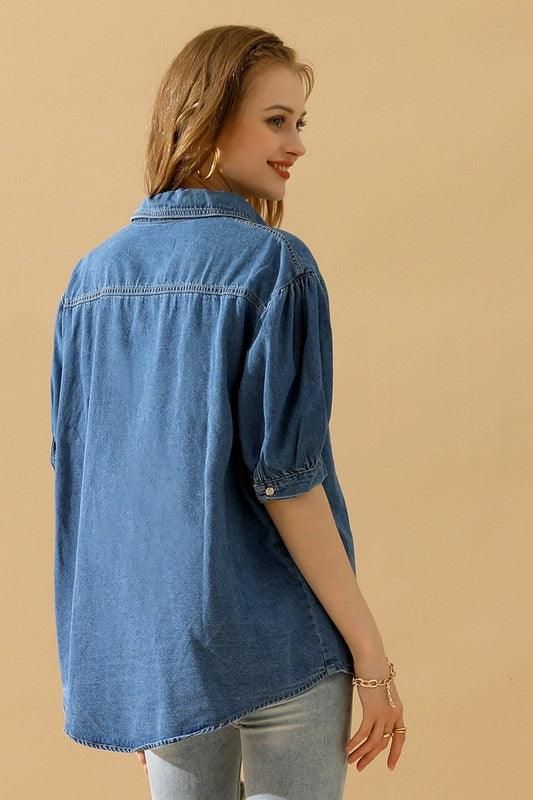 SHORT PUFF SLEEVE BUTTON DOWN DENIM SHIRTS - Doublju