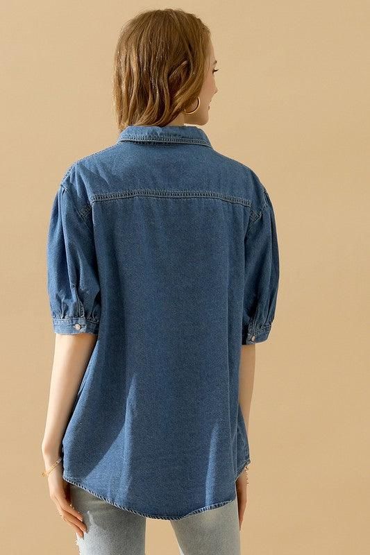 SHORT PUFF SLEEVE BUTTON DOWN DENIM SHIRTS - Doublju