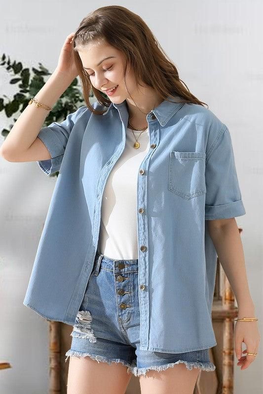 DENIM ROLL UP SHORT SLEEVES ONE POCKET SHIRTS - Doublju