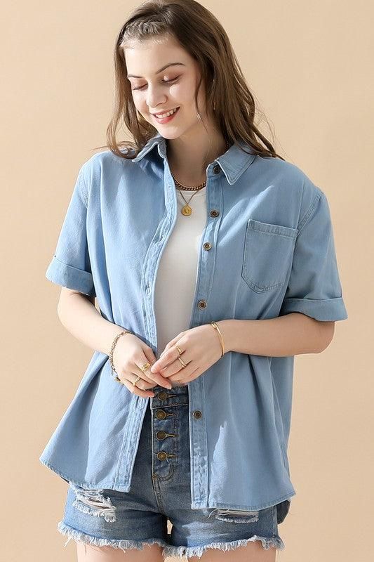 DENIM ROLL UP SHORT SLEEVES ONE POCKET SHIRTS - Doublju