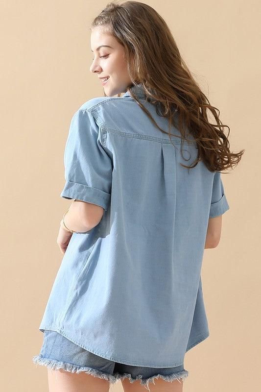 DENIM ROLL UP SHORT SLEEVES ONE POCKET SHIRTS - Doublju