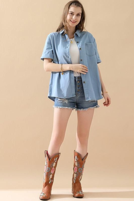 DENIM ROLL UP SHORT SLEEVES ONE POCKET SHIRTS - Doublju