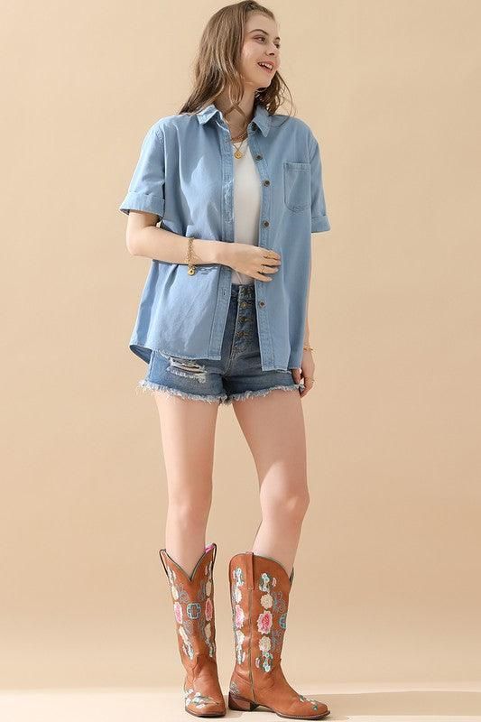 DENIM ROLL UP SHORT SLEEVES ONE POCKET SHIRTS - Doublju