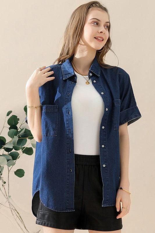 DENIM ROLL UP SHORT SLEEVES TWO POCKET SHIRTS - Doublju