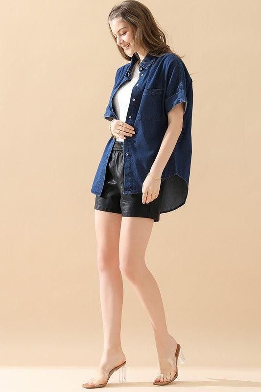 DENIM ROLL UP SHORT SLEEVES TWO POCKET SHIRTS - Doublju