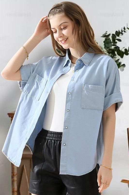 DENIM ROLL UP SHORT SLEEVES TWO POCKET SHIRTS - Doublju