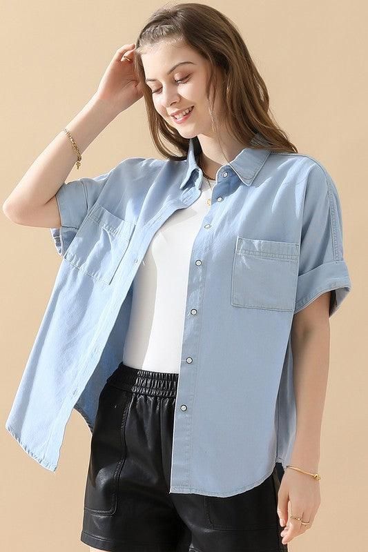 DENIM ROLL UP SHORT SLEEVES TWO POCKET SHIRTS - Doublju