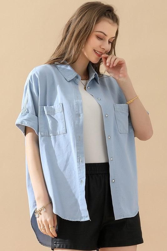 DENIM ROLL UP SHORT SLEEVES TWO POCKET SHIRTS - Doublju