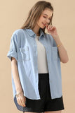 DENIM ROLL UP SHORT SLEEVES TWO POCKET SHIRTS - Doublju