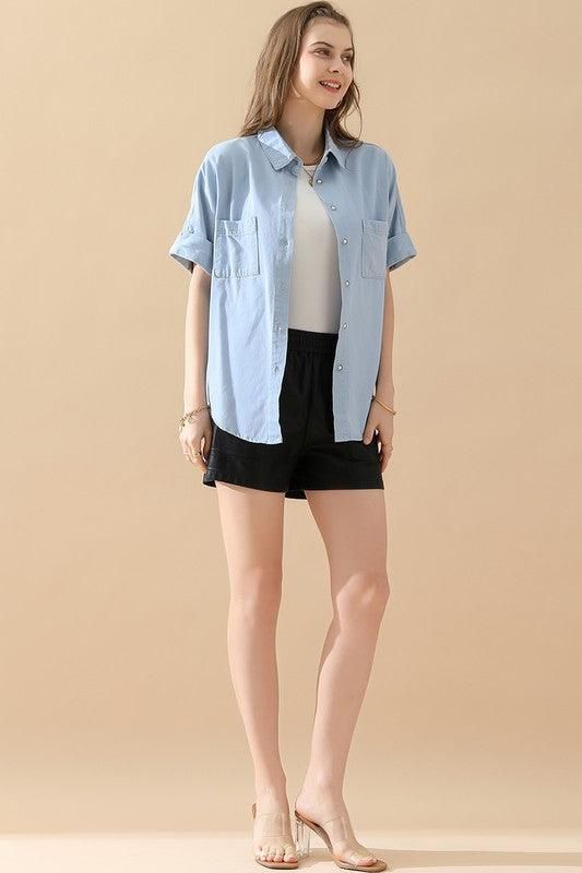 DENIM ROLL UP SHORT SLEEVES TWO POCKET SHIRTS - Doublju