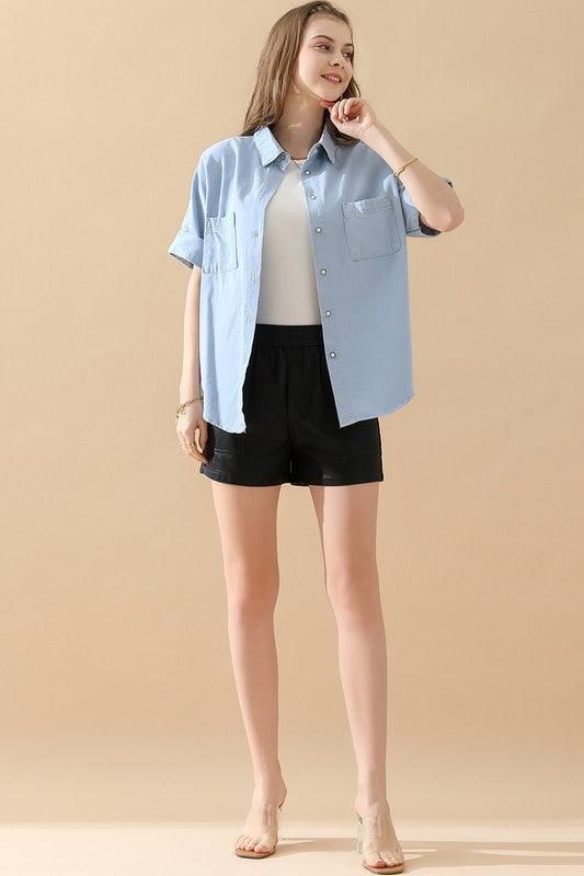 DENIM ROLL UP SHORT SLEEVES TWO POCKET SHIRTS - Doublju