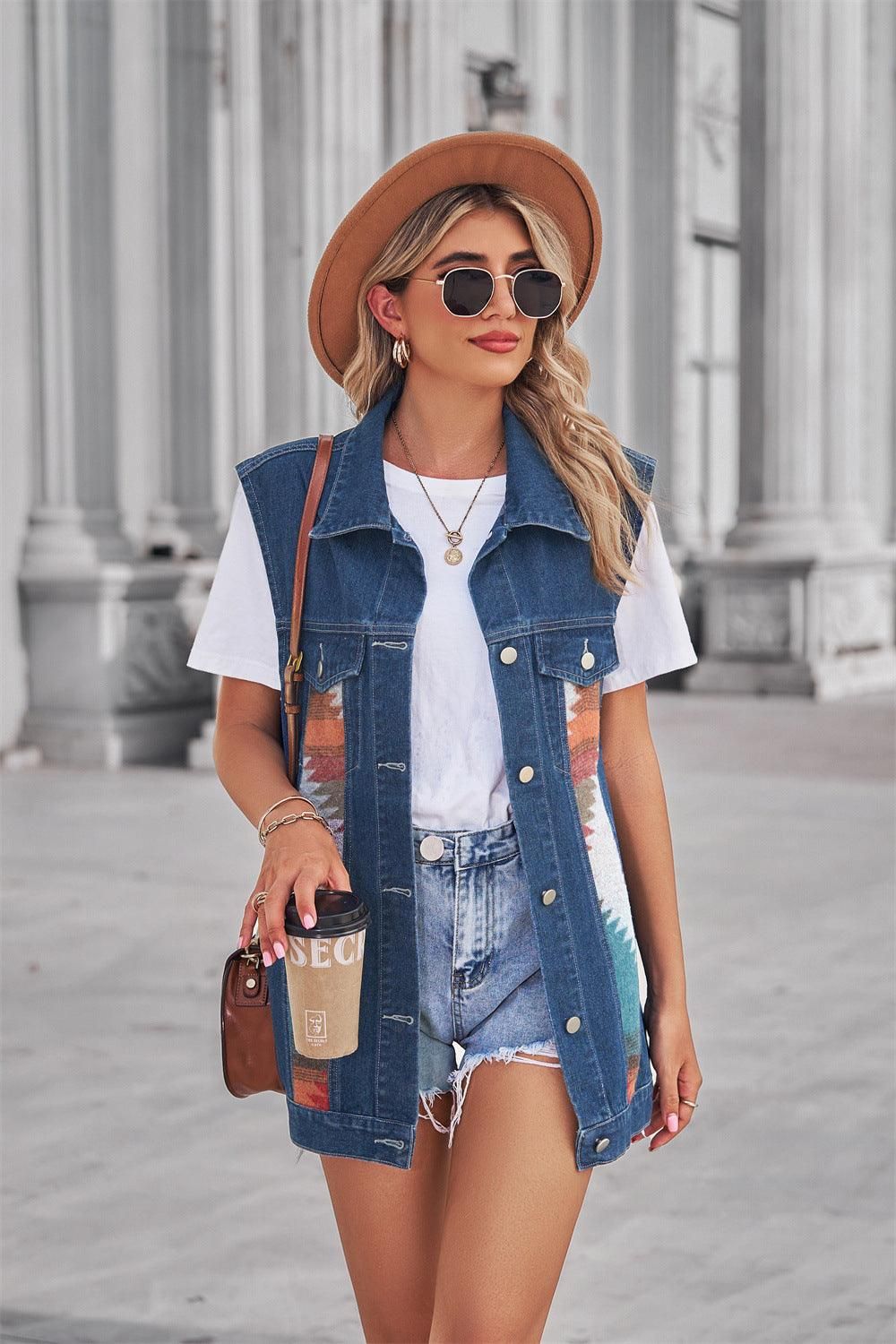 PATTERN BLOCK BUTTON DOWN CASUAL DENIM VEST - Doublju