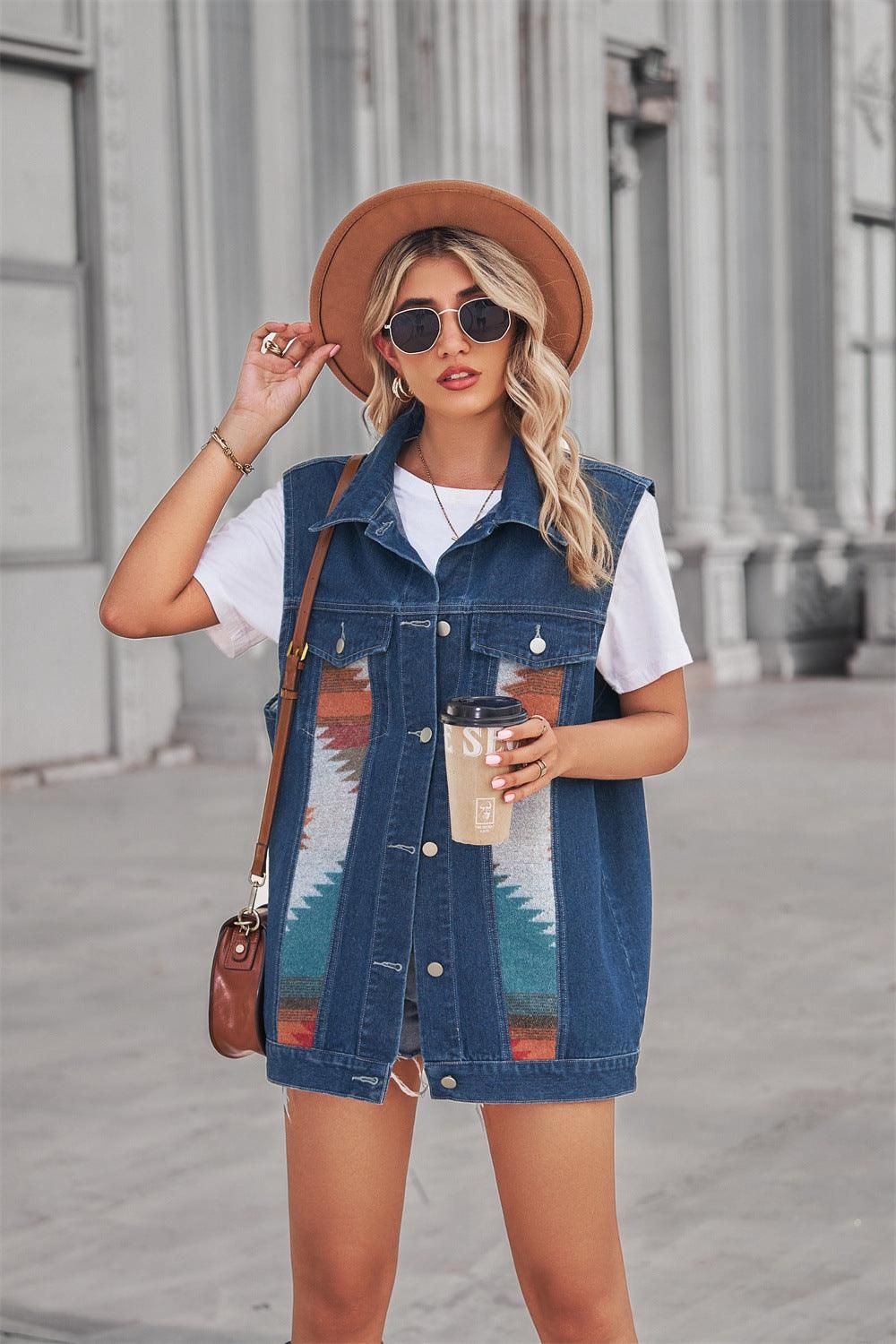 PATTERN BLOCK BUTTON DOWN CASUAL DENIM VEST - Doublju