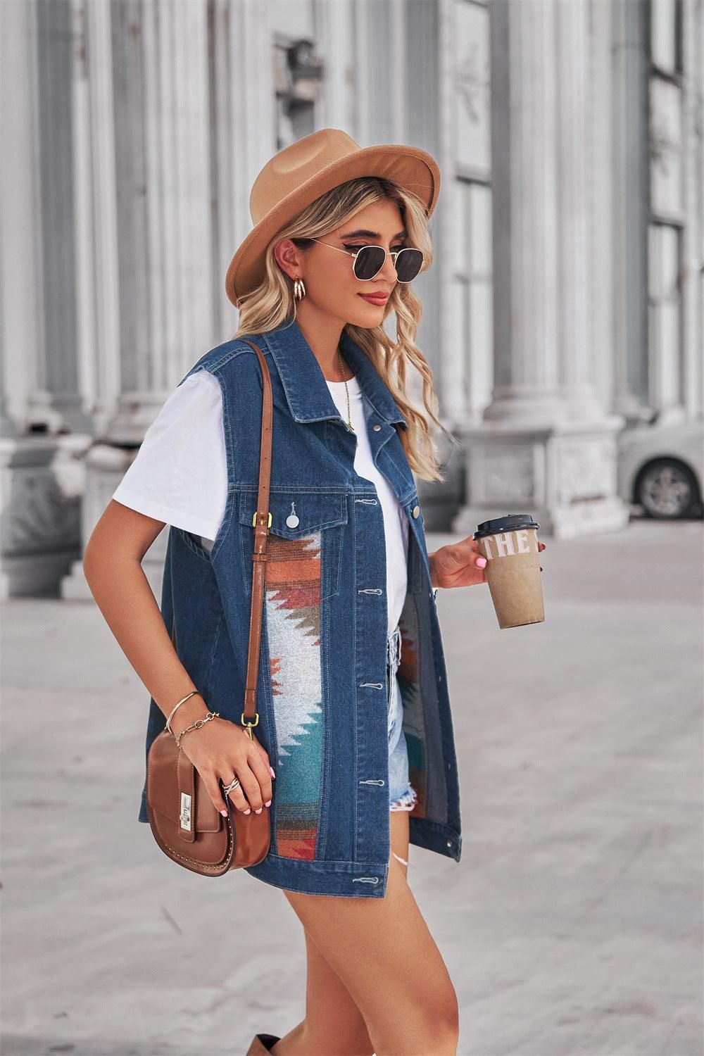 PATTERN BLOCK BUTTON DOWN CASUAL DENIM VEST - Doublju