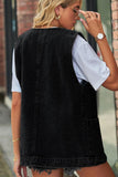 V NECK FADED DENIM BUTTON UP POCKET VEST - Doublju