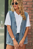V NECK FADED DENIM BUTTON UP POCKET VEST - Doublju