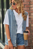V NECK FADED DENIM BUTTON UP POCKET VEST - Doublju