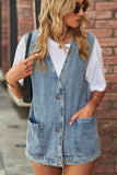 V NECK FADED DENIM BUTTON UP POCKET VEST - Doublju