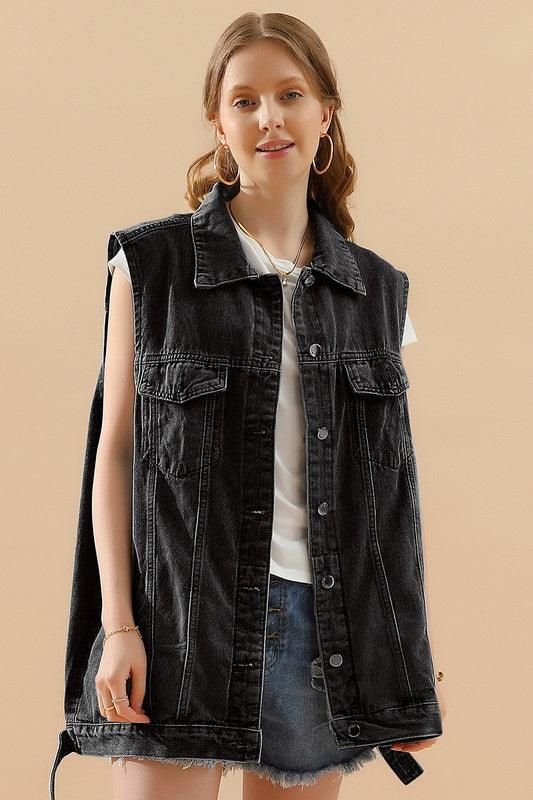 VINTAGE BUTTON UP POCKET COLLAR DENIM VEST - Doublju