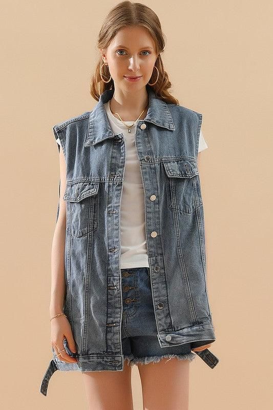 VINTAGE BUTTON UP POCKET COLLAR DENIM VEST - Doublju