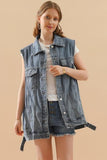 VINTAGE BUTTON UP POCKET COLLAR DENIM VEST - Doublju