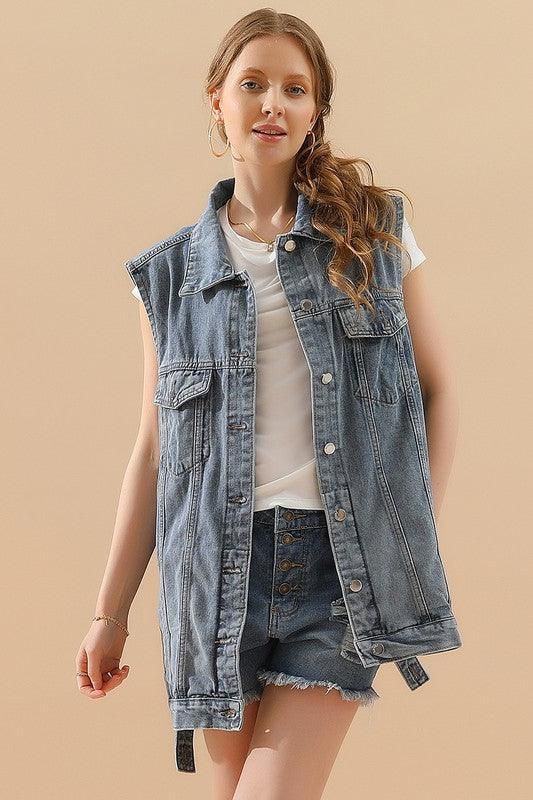 VINTAGE BUTTON UP POCKET COLLAR DENIM VEST - Doublju