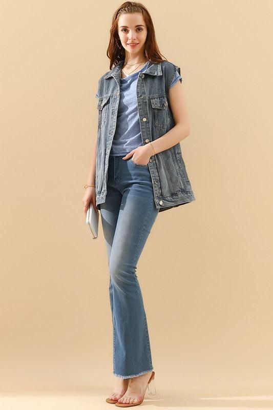 VINTAGE BUTTON UP POCKET COLLAR DENIM VEST - Doublju