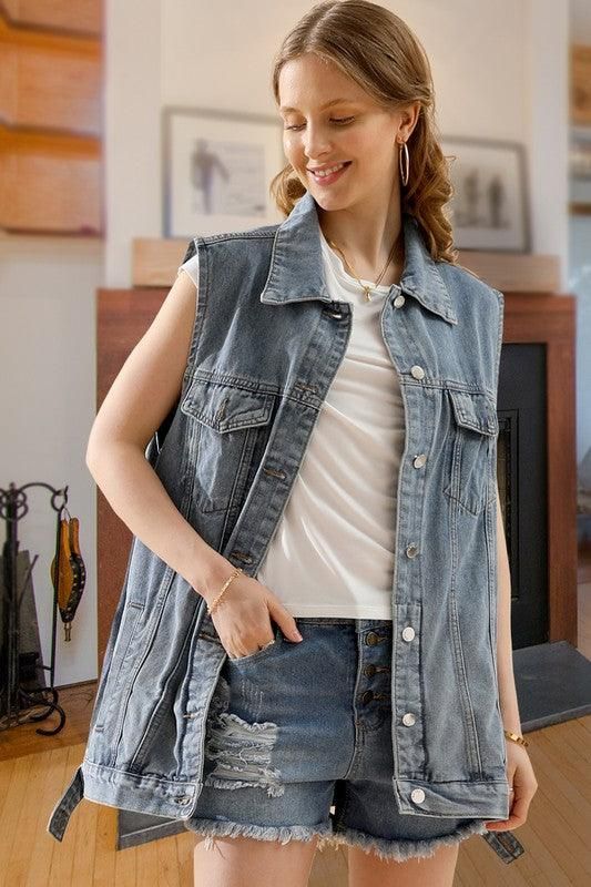 VINTAGE BUTTON UP POCKET COLLAR DENIM VEST - Doublju