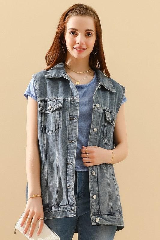 VINTAGE BUTTON UP POCKET COLLAR DENIM VEST - Doublju